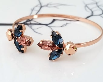 Rose gold bracelet,Navy blue bracelet,Bridal Bracelet,Bridemsmaids bracelet,Cuff Bracelet,Open cuff Bracelet,Crystal adjustable Bracelet