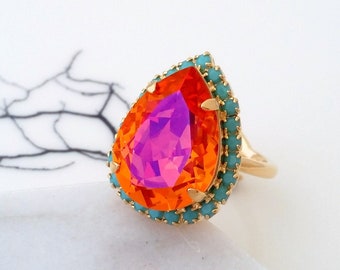 Coral ring,Orange ring,Orange pink ring,Orange statement ring,Orange turquoise Cocktail ring,Astral pink ring,crystal ring,Teardrop ring