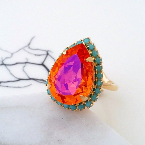 Coral ring,Orange ring,Orange pink ring,Orange statement ring,Orange turquoise Cocktail ring,Astral pink ring,crystal ring,Teardrop ring