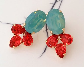 Mint coral earrings,Pacific opal orange earrings,Orange mint earrings,Bridal earrings,Orange red mint earrings,Mint Bridesmaids earrings