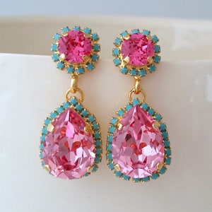 Pink earrings,Pink Bridal earrings,Pink and turquoise chandelier earrings,Light pink Chandelier earrings,Pink Brideamids Drop earrings
