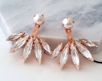 Bridal Ear Jacket,Bridal earrings pearl,Rose Gold Ear Jacket,Crystal Pearl Ear jacket,Wedding Ear Jacket,Crystal Ear Jacket,Stud ear jacke
