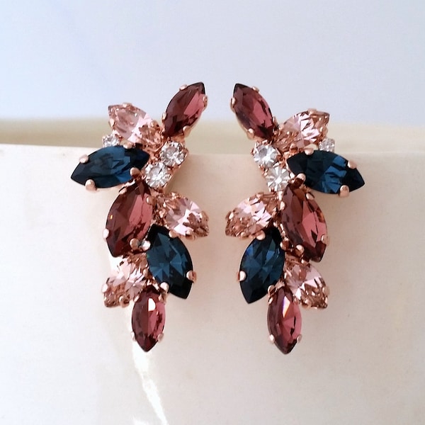 Burgundy navy blue blush earrings,Bridal earrings, cluster earrings,navy blue burgundy blush earrings,Burgundy earrings, Bridesmaid