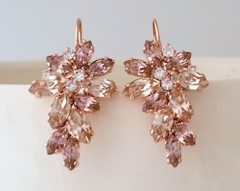 Morganite bridal earrings,Blush earrings,Rose gold cluster Earrings,Bridal Blush Earrings,Bridal Rose Gold Earring,Vintage Champagne Earring