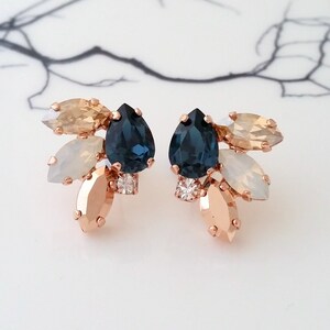 May include: Rose gold earrings with a cluster of blue, white and brown crystals.