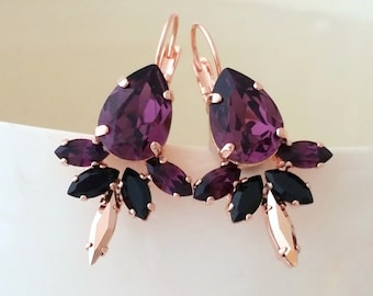 Purple earrings,Purple Bridal earrings drop,Amethyst earrings,rose gold earrings,Crystal earrings,Purple bridal earrings,Bridesmaid gift