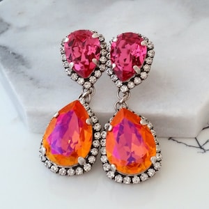 Orange and pink earrings,Orange Crystal earrings,Orange chandelier earrings,Bridal earrings,Pink orange drop earrings,Long earrings