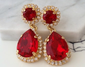 knee length dresses for ladies Silver Drop & Red Crystal Earrings | Versailles Collection