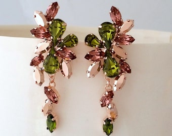 Olive green earrings,Bridal earrings,grren and blush long earrings,olive blush earrings,emerald chandelier earrings, wedding earrings