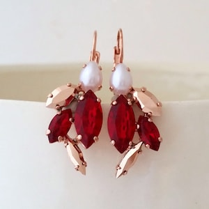 Red ruby earrings,Bridal earrings,Ruby earrings drop,Pearl earrings,red earrings,rose gold earrings,Ruby gold earrings,Bridesmaid earring