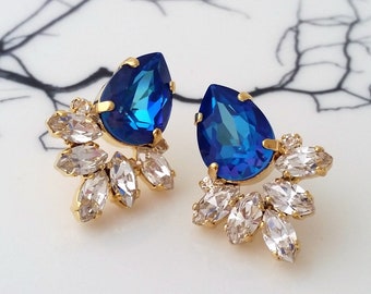 Sapphire earrings,Blue earrings,Blue sapphire stud earring,Royal Blue cluster earrings,Bridal sapphire Earrings,Sapphire Bridesmaid Earrings