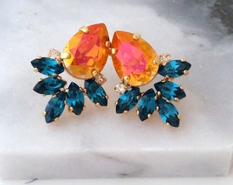 Orange earrings,Teal earrings,Orange pink stud earring,Orange cluster earrings,Bridal Orange Crystal Earrings,Orange teal Bridesmaid Earring