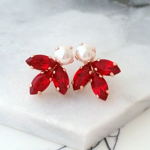 Red ruby earrings,Bridal earrings red and pearl, Red ruby studs,Pearl earrings,Bridesmaid gift,Red Petite stud earrings,ruby Cluster earring