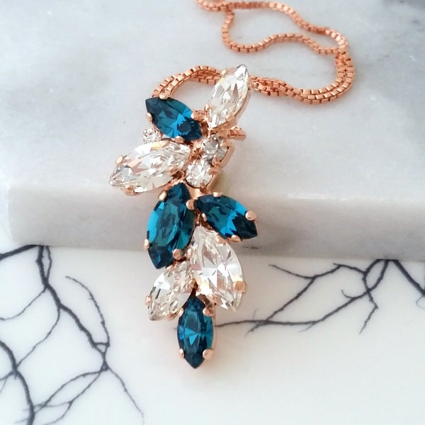 Teal necklace,Teal bridal necklace,Teal necklace,Teal pendant necklace,Bridal necklace,statement necklace,cluster necklace,Crystal necklac