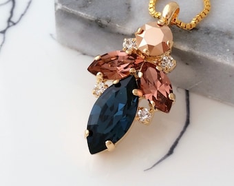 Navy blue necklace,Bridal necklace,Navy blue pendant necklace,navy blue and blush necklace,Wedding necklace,Crystal necklace,Bridesmaid