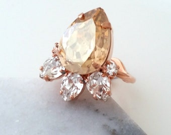 Champagne ring,chamapgne statement ring,champagne Cocktail ring,Bridal ring,Crystal ring,Teardrop shape ring,Rose gold