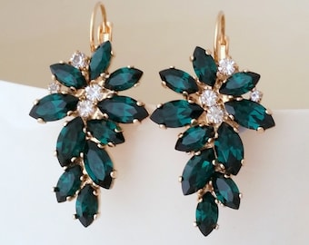 Emerald earrings,Emerald bridal earrings drop,Emerald drop earrings,Emerald vintage earrings,Cluster earrings,Crystal Bridesmaids earrings