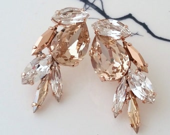 Champagne earrings,Blush earrings,Bridal earrings stud,Rose gold earrings,Bridal cluster earring,Statement stud earrings,Crystal earring