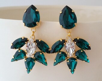 Emerald earrings,Emerald Bridal earrings,Dark green earrings,Emerald Chandelier earring,Emerald drop earring,Vintage earring,emerald wedding