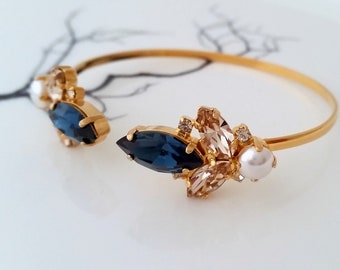 Navy blue bracelet,Champagne bracelet,pearl pracelet,Blue Wedding jewelry,Bridal bracelet,Cuff bracelet, Bangle bracelet, Crystal crystal