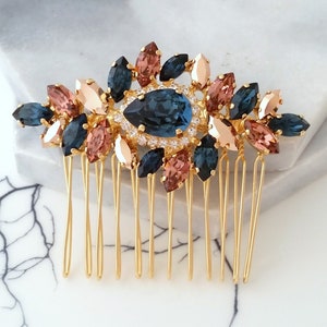 Bridal Hair Comb,Wedding Hair Accessory,Navy blue and blush Hair Comb,Wedding headpiece, Sapphire head piece, Crystal hair comb,