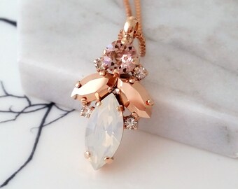 Bridal Necklace, White opal Necklace,Blush white opal rose gold color Necklace,Bridesmaids necklace,Bridal Dainty Necklace,Crystal necklace,