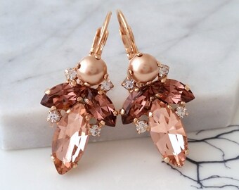 Blush earrings,Blush Bridal earrings drop,pearl earrings,rose gold earrings,Crystal earrings,Morganite bridal earrings,Bridesmaid gift