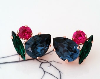 Navy blue earrings,blue fuchsia emerald earrings,blue green pink earrings,Bridal earrings,Blue pink emerald earring,Blue Bridesmaids earring