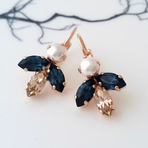 Navy blue earrings,earrings Pearl ,Champagne earrings,Blue Bridal earrings,Blue drop Rose gold earrings,Bridesmaid gift,Petite earrings