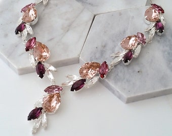 Blush Bridal necklace,Purple mix necklace,Y necklace blush,Rose gold blush necklace,Statement necklace,Wedding necklace,Crystal necklace