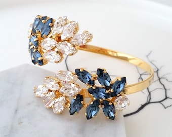 Denim blue bridal bracelet,Blue bridal cuff,Blue crystal cuff bracelet,Leaf bangle bracelet,Bridemsids gift,Wedding cuff,Crystal bracelet