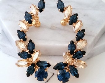 Blue Climbing Earrings,Navy blue and champagne earrings,Sapphire Bridal climbing Earring,Single/Pair, Ear Crawlers,Earcuff Earring,Crystal