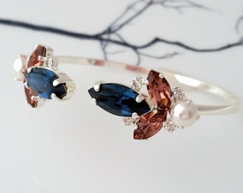 Navy blue bracelet,Navy blue and blush bracelet,pearl pracelet,Bridal cuff bracelet,Blue Wedding jewelry,Cuff bracelet,Crystal crystal