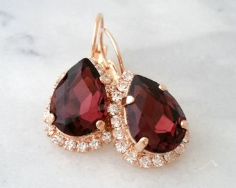 Burgundy earrings,Bridal earrings,burgundy drop earrings,bridesmaids gift,Burgundy crystal earrings,burgundy earrings, Rose gold earrings