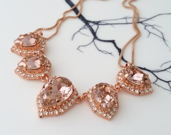 Blush necklace,rose gold morganite bridal necklace,Crystal necklace,Statement necklace,Bib necklace,Bridesmaid gift,Wedding jewelry