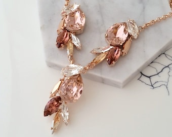 Bridal necklace,Blush necklace, Y necklace blush,Rose gold morganite necklace,Statement necklace,Wedding necklace,Crystal necklace