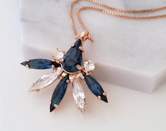 Navy blue necklace,Bridal necklace,Blue Rose gold necklace,Statement necklace,Wedding necklace,Crystal necklace,Bridesmaids gift,Navy blue