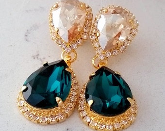 Emerald earrings,Emerald champagne Chandelier earrings,emerald bridal earrings,Dangle drop earrings, Crystal earrings,bridesmaid gift
