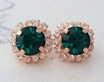 Emerald earrings,Rose gold emerald stud earring,stud earrings,emerald bridal earring,emerald bridesmaids gift,Crystal earring,emerald stud