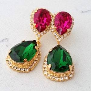 Emerald earrings,fuchsia earrings,chandelier earrings,Emerald hot pink earrings,Bridal earrings,Swarovski earring,crystal earring,bridesmaid
