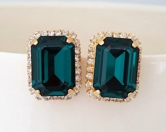 Emerald earrings,Emerad green stud earrings,Emerald bridesmaids earring,Crystal ,rectangle earrings,Octagon earring,Emerald bridal earring