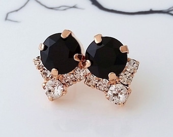 Black earrings,Black Bridal earrings,Black bridesmaids earrings studs,Rose gold earrings,bridesmaids gift,Crystal crystal earrings,Wedding