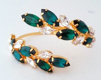 Crystal bridal bracelet,Emerald crystal cuff bracelet,Emerald bangle bracelet,Emerald Bridemsids gift,Emerald Wedding jewlery,Gold or Silver