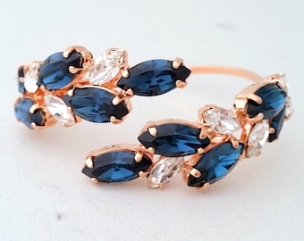 Crystal bridal bracelet,Navy blue crystal cuff bracelet,Rose gold bracelet,Navy blue bangle bracelet,blue Bridemsids gift,Wedding jewlery