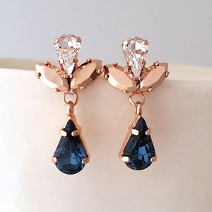 Navy blue earrings,Rose gold earrings,Bridal earrings,Bridesmaids gift,Sapphire earrings, rose gold earrings,chandelier earrings,Crystal