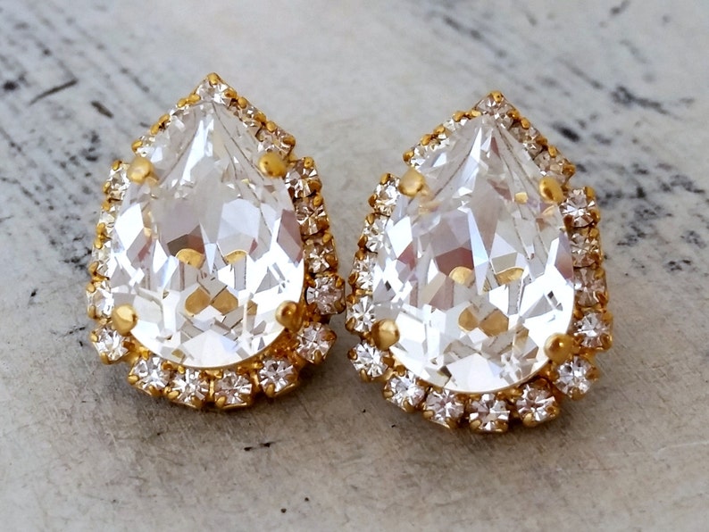 Clear white Crystal Crystal teardrop stud earrings, Bridal earrings, Bridesmaids earrings, Stud earrings, Gold or silver, Vintage earrings image 3