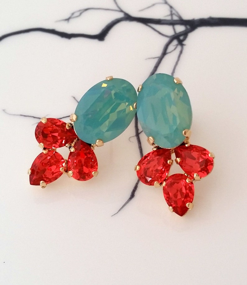 Mint coral earrings,Pacific opal orange earrings,Orange mint earrings,Bridal earrings,Orange red mint earrings,Mint Bridesmaids earrings image 1