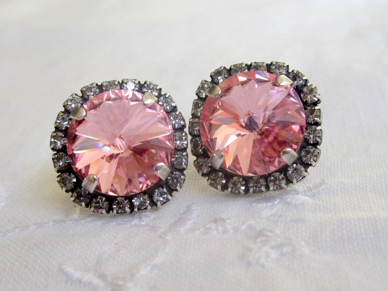 Pink earrings,pink studs earrings,Crystal crystal earrings,pink bridesmaids earrings, Oxidized silver earrings, pink bridal earrings image 2