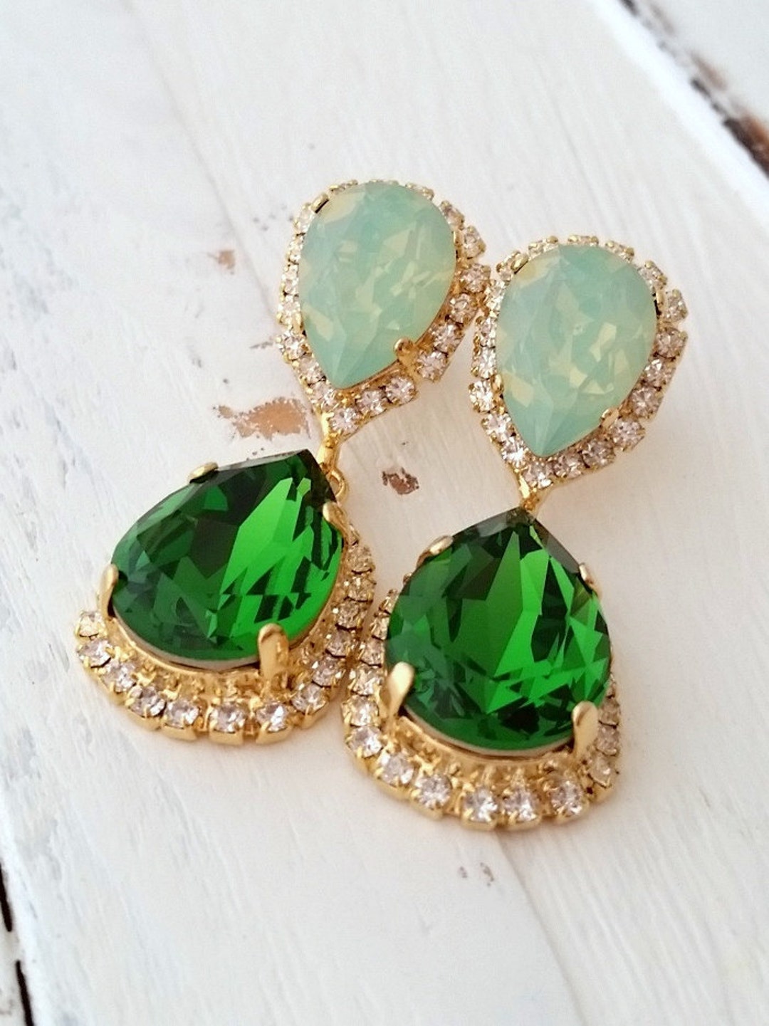Mint and Emerald Crystal Earrings, Mint Opal Dark Green Dangle Earrings ...
