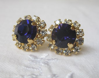 Dark Blue crystal stud earrings, Gold post earrings, Crystal earrings, Stud earrings, Bridal earrings, Bridesmaid gifts
